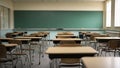 Empty school classroom without young student. Elementary class room no kid or teacher with chairs and tables in