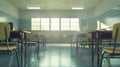 Empty school classroom without young student. Blurry view of elementary class room no kid or teacher with chairs and tables in Royalty Free Stock Photo