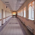 Empty school corridor during quarantine isolation. Closed school during the coronavirus pandemic Royalty Free Stock Photo