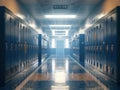Empty School Hallway with Blue Lockers Royalty Free Stock Photo