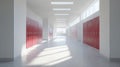 Empty School Hallway With Red Lockers And Natural Light. Educational Environment And Student Life Royalty Free Stock Photo