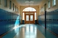 Empty school hallway with rows of blue metal lockers. Sunlight streams through windows, arched wooden exit doors. Long quiet Royalty Free Stock Photo