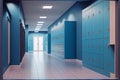 empty school lobby corridor interior with row of blue lockers horizontal banner flat Royalty Free Stock Photo