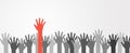 One colorful hand raised up in mass of different skin color tone of many people. Royalty Free Stock Photo