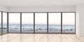 empty sea view living room with wooden floor and empty white wall background in beach house 3D rendering illustration Royalty Free Stock Photo