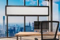 Empty search bar with copy space floating in large modern office with desk and workspace facing panoramic skyline view; 3D