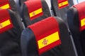 Empty seat in plane with Spanish Flag. Travel, flight and transportration in Spain concept Royalty Free Stock Photo