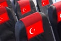 Empty seat in plane with Turkish Flag. Travel, flight and transportration in Turkey concept Royalty Free Stock Photo