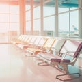 Empty seats in airport waiting area. Vacation or travel concept. Created with generative Ai