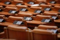 Empty seats in the Romanian Chamber of Deputies inside the Palace of Parliament