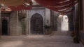 Empty shaded courtyard in a medieval Arabian city street with patches of sunlight. 3D rendering