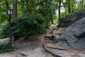 Empty Shaded Trail at Central Park in New York City with a Street Light and Rocks and Green Trees during Spring