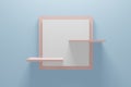 Empty shelf pedestal on light blue. Front view minimal interior concept. Empty product shelf standing background. 3D render