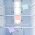 Empty shelves in the fridge with stickers for inscriptions. Royalty Free Stock Photo