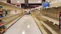 Empty shelves of toilet paper in a grocery store