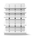 Empty shelving stand. Realistic shopping shelves. Isolated supermarket and stores furniture. Front view rack. White