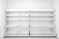 Empty shelving on white background. Retail shelf. Showcase concept. Supermarket product advertisement blank mockup. Generative AI