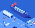 Empty shipping dock isometric vector illustration. Warehouse storage, industrial ship and freight trucks at harbor