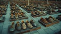 Empty shoes in rows at a square for World Refugee Day, showcasing an impactful visual plea. World Refugee Day