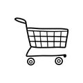 Empty shopping cart in black isolated on white background. Hand drawn vector sketch illustration in doodle engraved line art Royalty Free Stock Photo