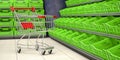 Empty shopping cart and empty fruit plastic crates on supermarket shelf Royalty Free Stock Photo