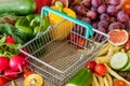 Empty shopping Cart. Lots of food, vegetables and fruits around. The concept of rising prices, inflation and more expensive food