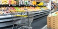 Empty shopping cart at a supermarket produce and fruit  department Royalty Free Stock Photo