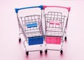 Empty shopping carts on pink background Royalty Free Stock Photo