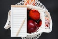 Empty shopping list next to a string bag of fruits Royalty Free Stock Photo