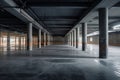 Empty shopping mall underground parking lot or garage interior with concrete stripe painted columns created by generative AI Royalty Free Stock Photo