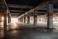 Empty shopping mall underground parking lot or garage interior with concrete stripe painted columns created by generative AI Royalty Free Stock Photo
