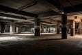 Empty shopping mall underground parking lot or garage interior with concrete stripe painted columns created by generative AI Royalty Free Stock Photo