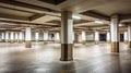 Empty shopping mall underground parking lot or garage interior with concrete stripe painted columns. Generative Ai Royalty Free Stock Photo