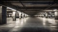 Empty shopping mall underground parking lot or garage interior with concrete stripe painted columns. Generative Ai Royalty Free Stock Photo