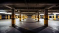 Empty shopping mall underground parking lot or garage interior with concrete stripe painted columns. Generative Ai Royalty Free Stock Photo