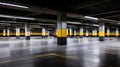 Empty shopping mall underground parking lot or garage interior with concrete stripe painted columns. Generative Ai Royalty Free Stock Photo