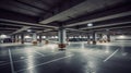Empty shopping mall underground parking lot or garage interior with concrete stripe painted columns, generative ai Royalty Free Stock Photo