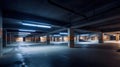 Empty shopping mall underground parking lot or garage interior with concrete stripe painted columns, generative ai Royalty Free Stock Photo