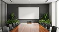 Empty Conference Room With Large Wooden Table Black Chairs Projector Screen And Green Plants Royalty Free Stock Photo