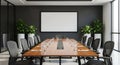 Empty Conference Room With Long Wooden Table Black Chairs Large Blank Screen And Green Plants Royalty Free Stock Photo
