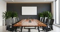 Empty Modern Conference Room with Long Wooden Table Black Chairs and Blank Wall Screen Royalty Free Stock Photo