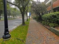 Empty sidewalk with fall leaves after a rainy day Augusta Georgia