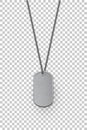 Empty silver military badge hanging on steel chain. Vector isolated army object on transparent background. Pendant with