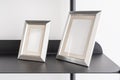 Empty silver small portrait frames, blank canvas, picture mock up, living room shelf