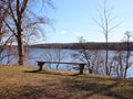 Empty Simple Wooden Bench with Lake Background