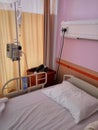 Empty single bed hospital with medical equipment