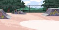 Empty skate park. Outdoor skatepark with graffiti on vert ramps, half-pipes. Modern skateboarding area landscape, place Royalty Free Stock Photo