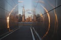 Empty Sky: Jersey City 9/11 Memorial at sunset shows One World Trade Center (1WTC), Freedom Tower through golden circle of light, Royalty Free Stock Photo