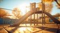 Empty slide and swings at dusk, evoking nostalgia. Playground. Concept of outdoor play, childhood solitude, and peaceful Royalty Free Stock Photo