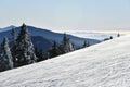 Empty slopes at Stowe Ski Resort in Vermont, view to the Mansfield mountain slopes